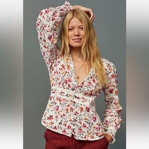 Anthropologie Romantic Boho Plumetis Cream Floral Puff Sleeve Lace Blouse